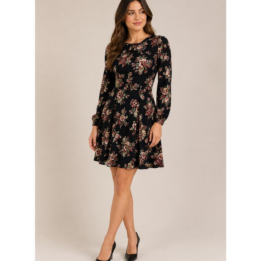 Brooks Brothers Black Red Floral Long Sleeve Dress Womens 14 Mini Fall Preppy